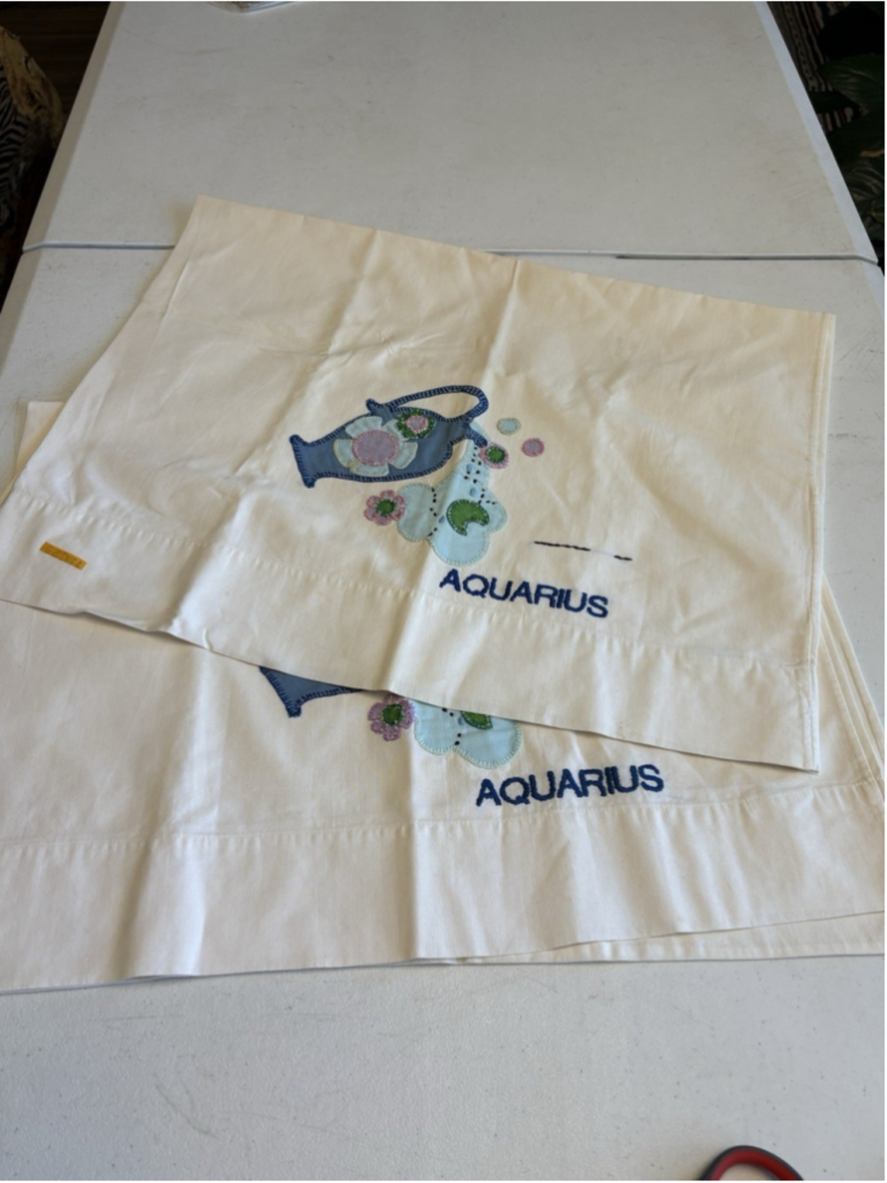 Vintage Aquarius Zodiac Pillowcases Pair Applique Embroidered Standard 20x30